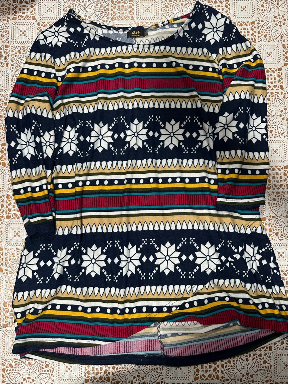 R&B Collection 3XL Fair Isle Snowflake Tunic Top Navy Multicolor